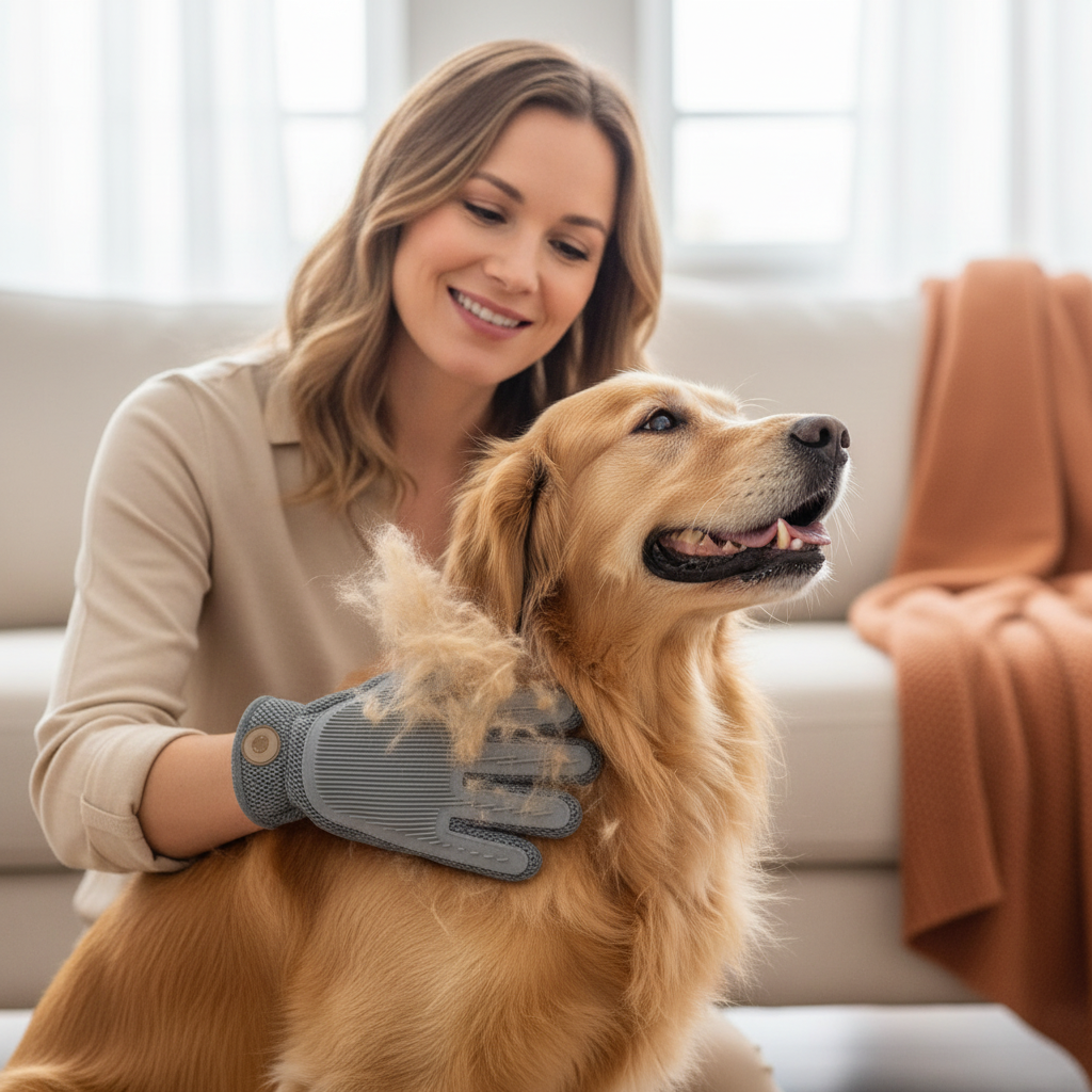 Close-up of gray 2-in-1 silicone grooming glove in use on golden retriever's coat