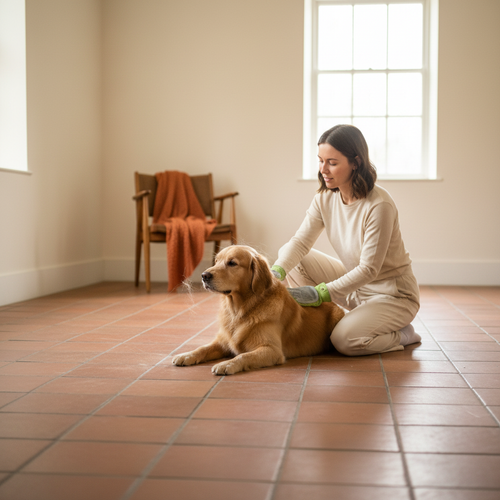 Woman kneeling to groom golden retriever with gray 2-in-1 grooming glove, wide pulled-back lifestyle shot with terracotta throw and tiled floor
