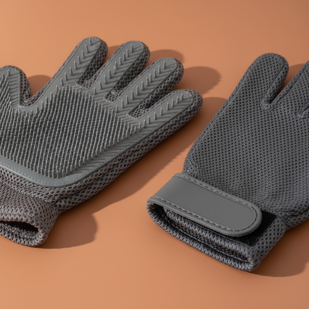 Close-up detail of gray 2-in-1 silicone grooming glove pair showing bristle side and mesh back with adjustable wrist strap