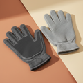 Clean product photograph of the gray 2-in-1 silicone pet grooming glove pair on a terracotta and cream background