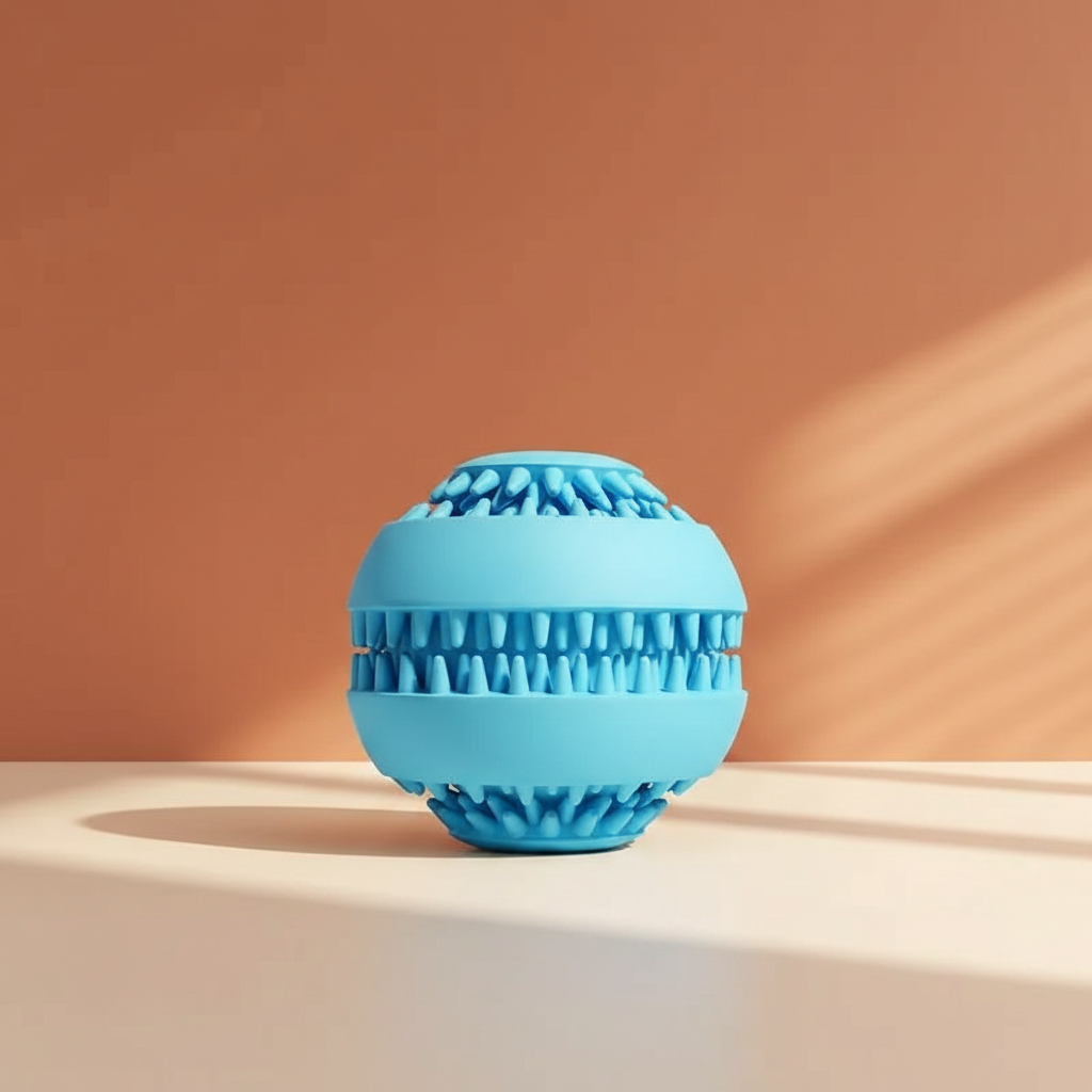 Clean product photograph of the blue textured rubber dog treat and chew ball on a terracotta and cream background