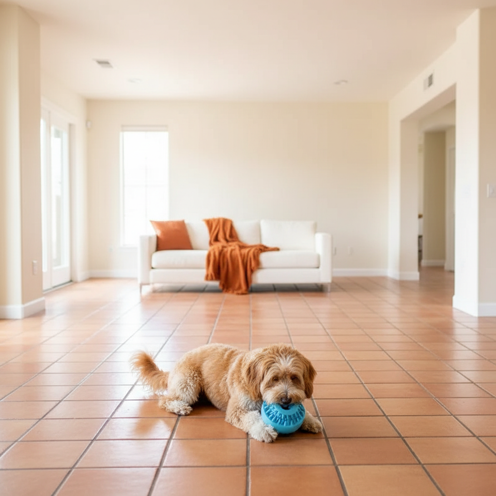 Dog playing with blue treat ball on tiled floor, wide pulled-back shot in spacious living room with terracotta floor and burnt-orange throw