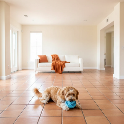 Dog playing with blue treat ball on tiled floor, wide pulled-back shot in spacious living room with terracotta floor and burnt-orange throw