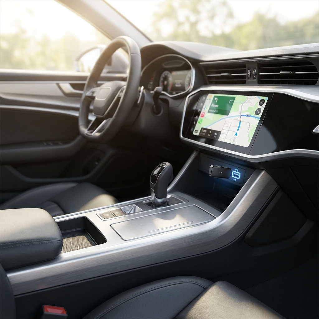 Wireless CarPlay adapter running Apple CarPlay on a car dashboard screen with no phone visible