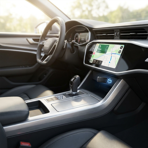 Wireless CarPlay adapter running Apple CarPlay on a car dashboard screen with no phone visible
