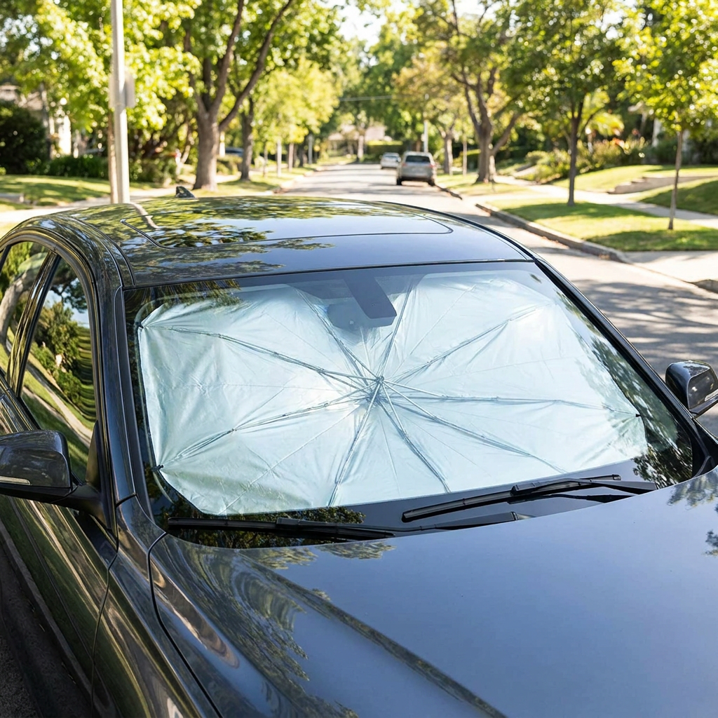 Foldable windshield sun shade installed on a car, blocking sun