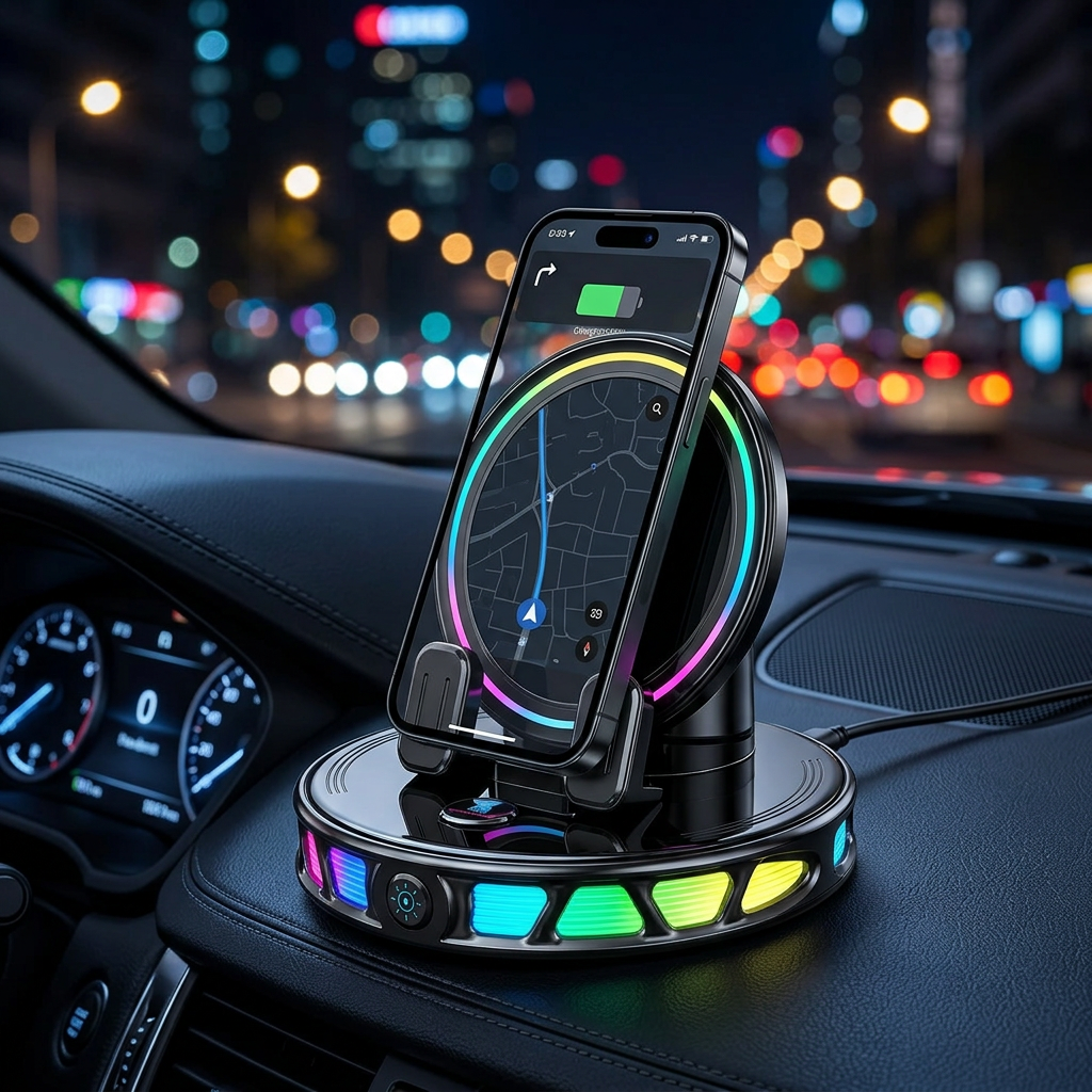 Magnetic RGB car phone mount with auto-clamp arms holding a phone on a car dashboard at night, navigation app visible