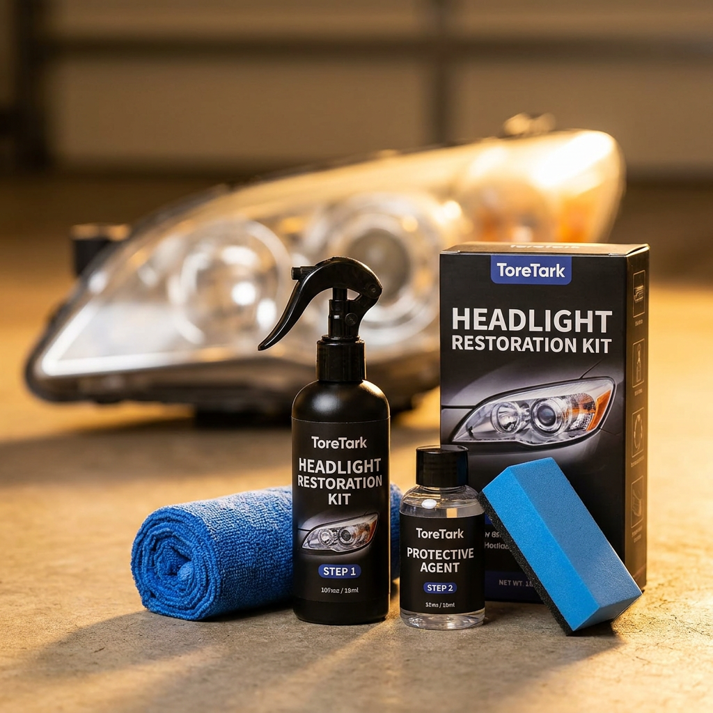 ToreTark Headlight Restoration Kit with cleaning solution, coating agent, cloth and sponge, headlight blurred in background